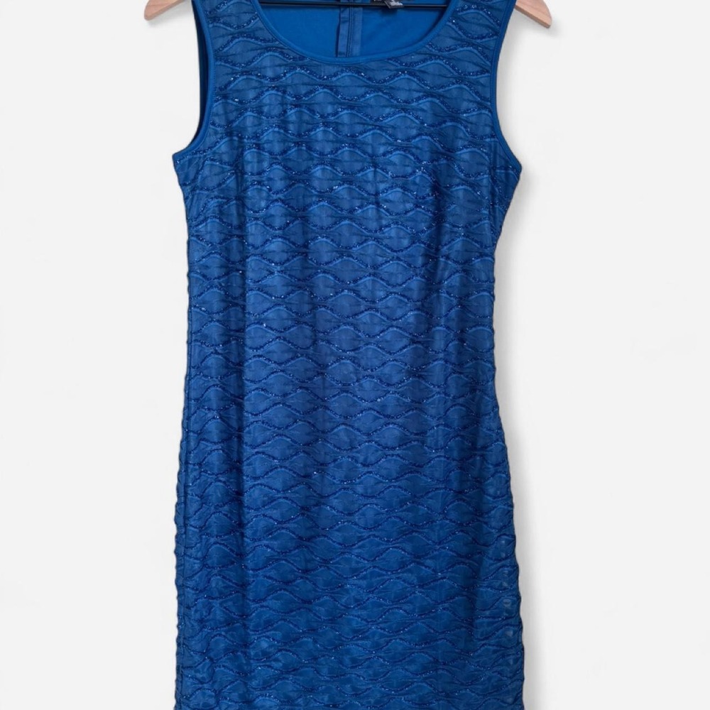 Nina Leonard Blue Sparkle Lattice Sheath Dress
